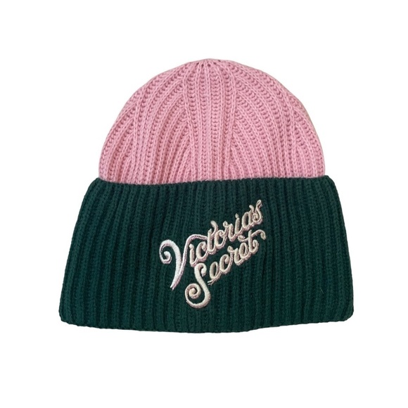 Victoria’s Secret Women’s Colorblock Winter Beanie Pink Green Logo Hat One Size - Picture 1 of 5